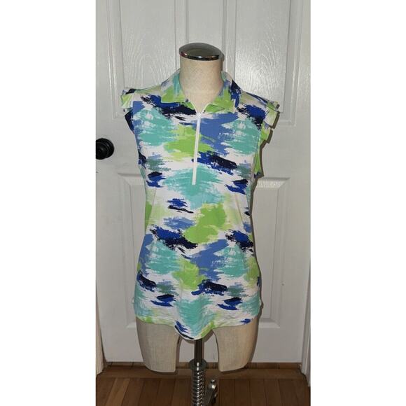 Blue Tops - IBKUL Golf Women’s 1/4 Zip Green Blue Top Cool UPF Sleeveless Size S Small Multi